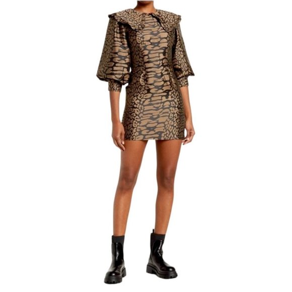 NWT Ganni Jacquard Puff Sleeve Leopard Animal Print Satin Mini Dress Size 2 - Picture 2 of 8